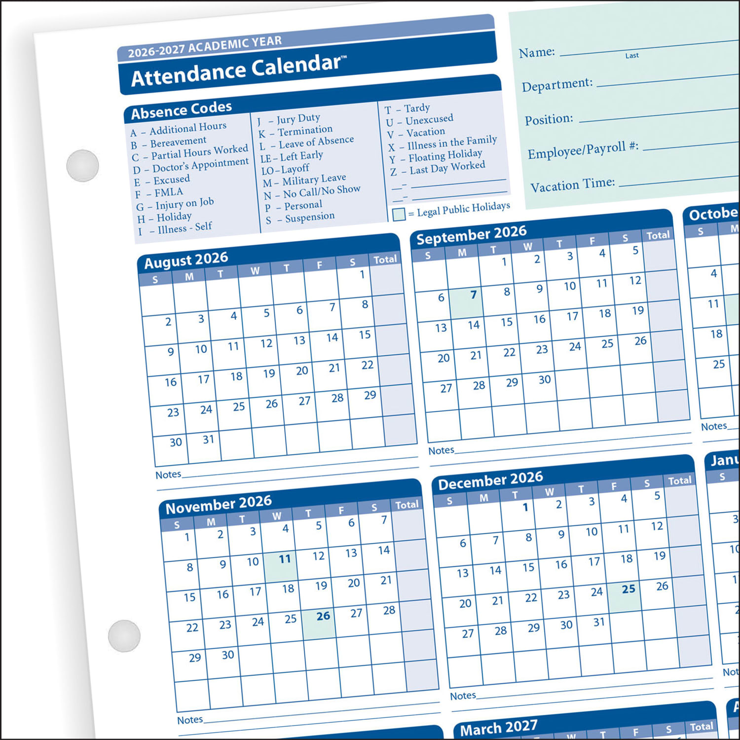 ComplyRight 2025-2026 Academic Attendance Calendar, 8 1/2in x 11in, Pack Of 50 - Image 5