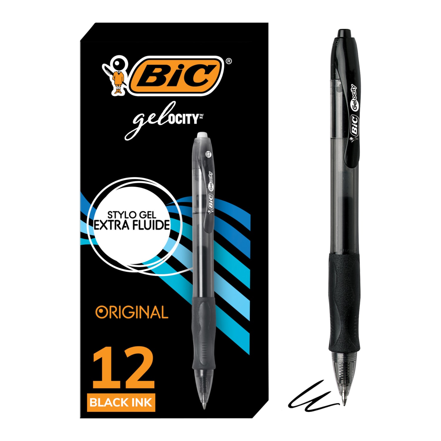 BIC Gelocity Original Long Lasting Retractable Gel Pens, Medium Point, 0.7 mm, Black Barrel, Black Ink, Pack Of 12