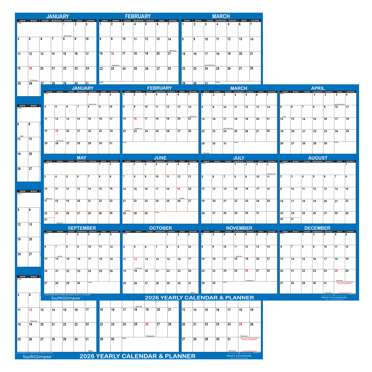 2026 SwiftGlimpse Yearly Reversible Erasable Wall Calendar, 32in x 48in, White/Navy, January To December