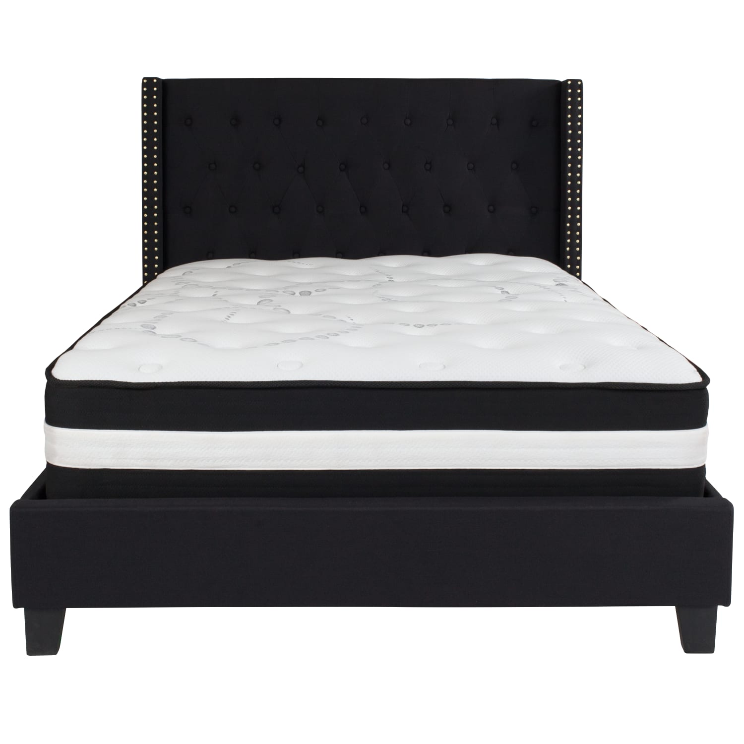 Flash Furniture Riverdale Tufted Upholstered Platform Bed With Accent Nail Trimmed Extended Sides And Pocket Spring Mattress, Full, Black - Image 6