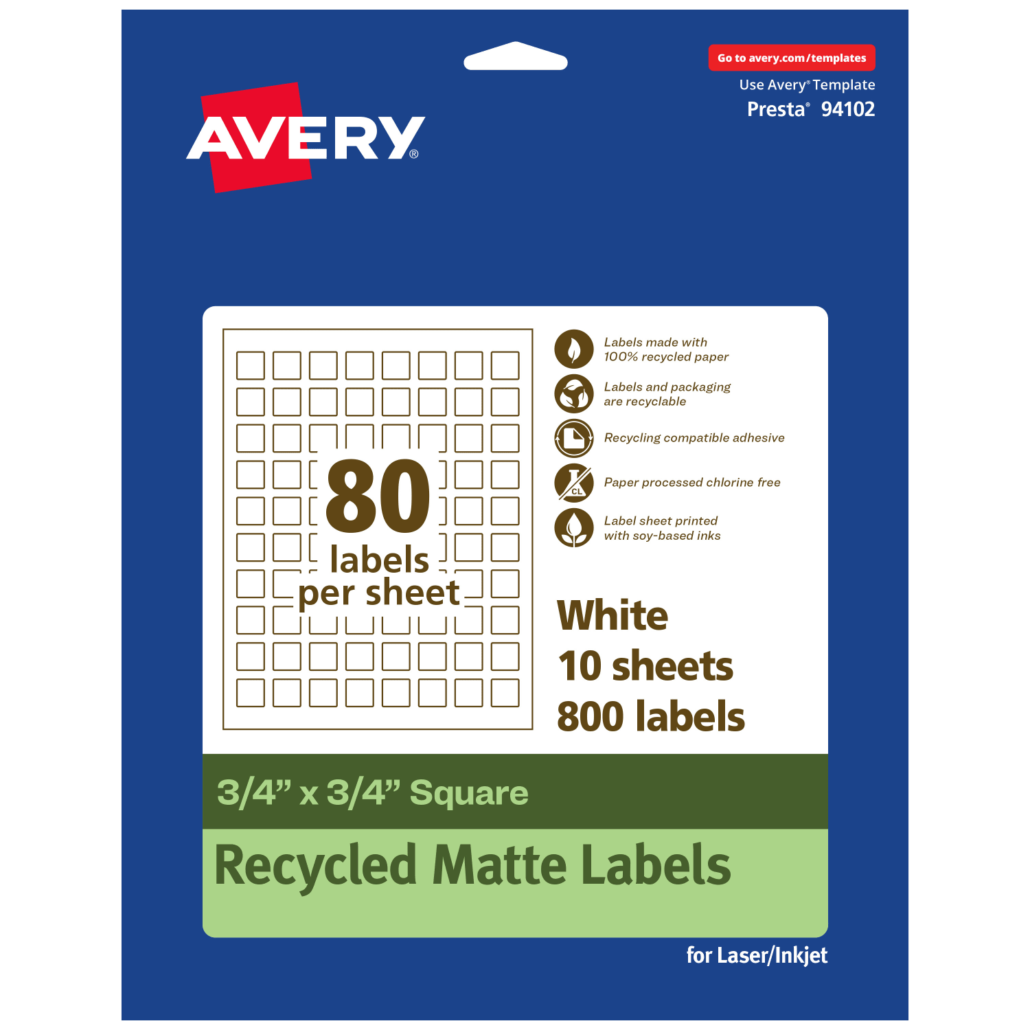 Avery Recycled Paper Labels, 94102-EWMP10, Square, 3/4in x 3/4in, White, Pack Of 800