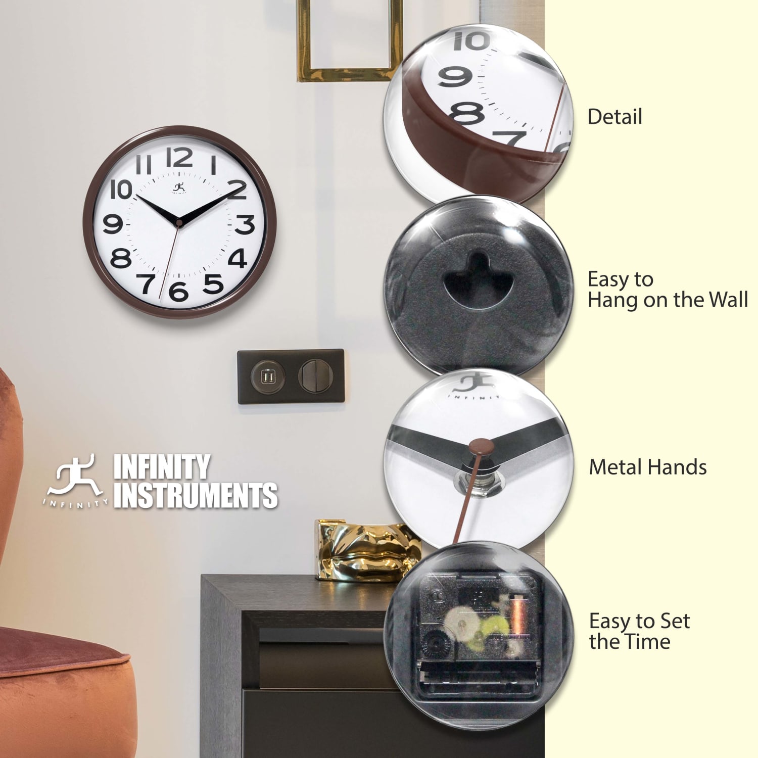 Infinity Instruments Metro Round Wall Clock, 9in, Brown - Image 6