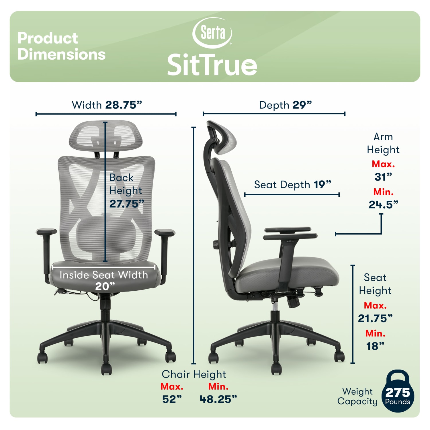 Serta SitTrue Ridgefield Ergonomic Mesh/Vegan Leather High-Back Task Office Chair, Gray/Black - Image 3