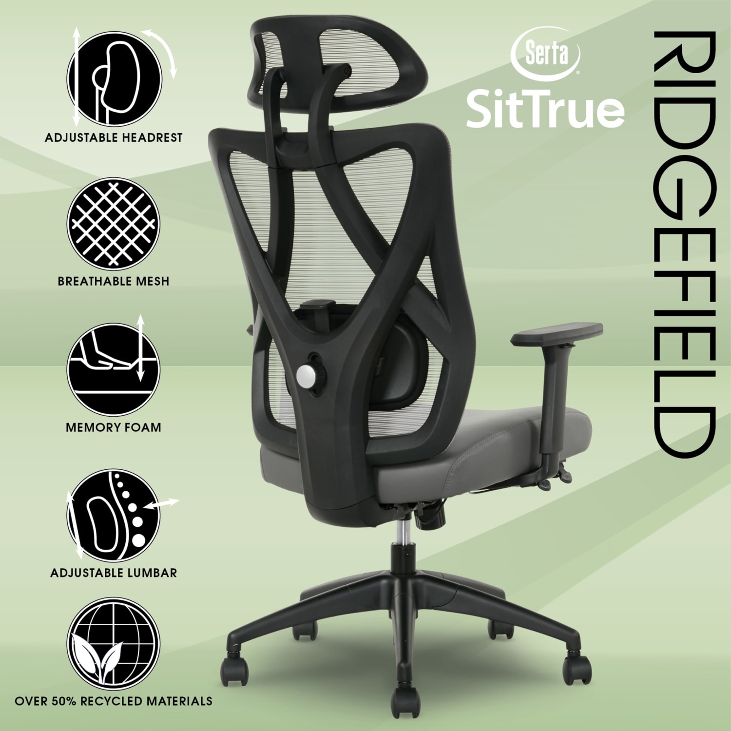 Serta SitTrue Ridgefield Ergonomic Mesh/Vegan Leather High-Back Task Office Chair, Gray/Black - Image 4