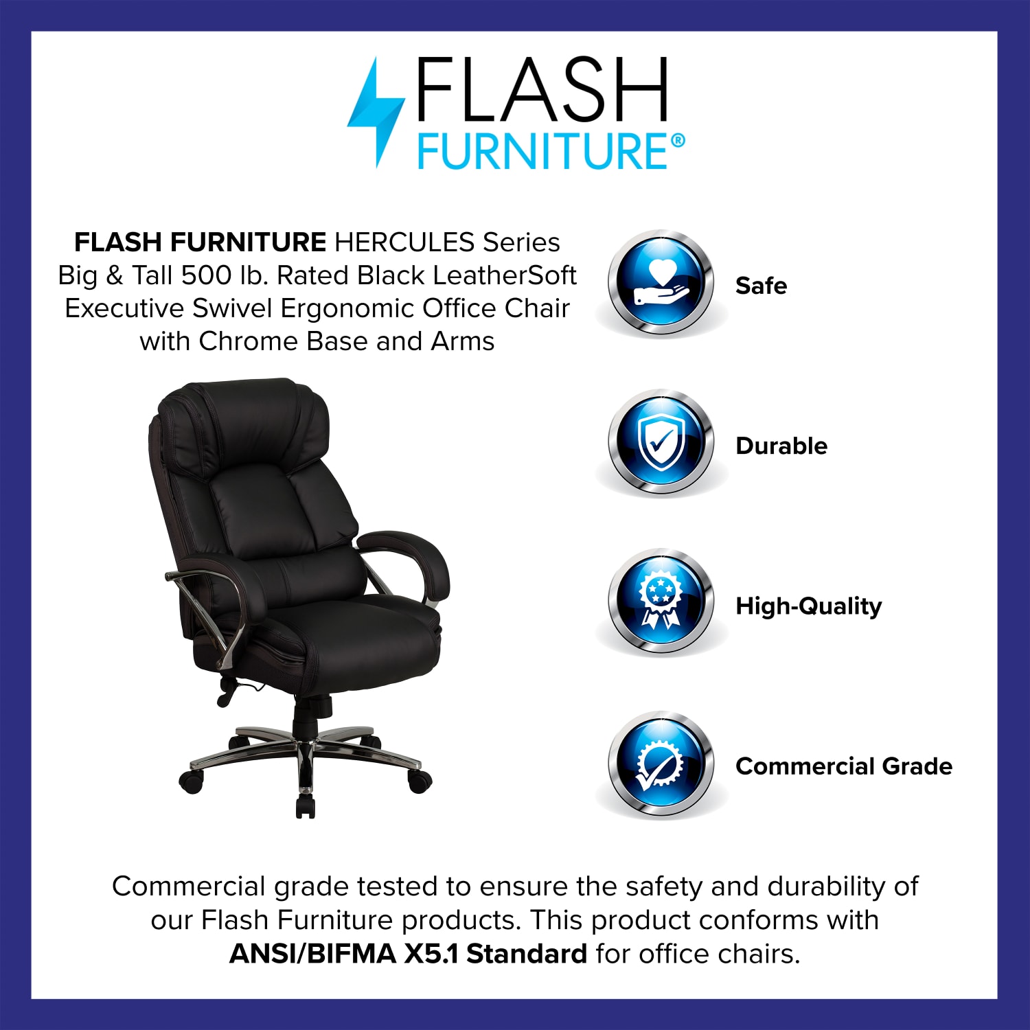 Flash Furniture Hercules Big & Tall Ergonomic LeatherSoft Faux Leather Office Chair With Chrome Base And Arms, Black/Gray - Image 4