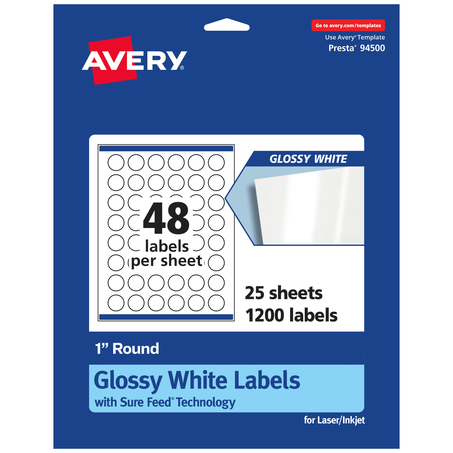 Avery Glossy Permanent Labels With Sure Feed, 94500-WGP25, Round, 1in Diameter, White, Pack Of 1,200