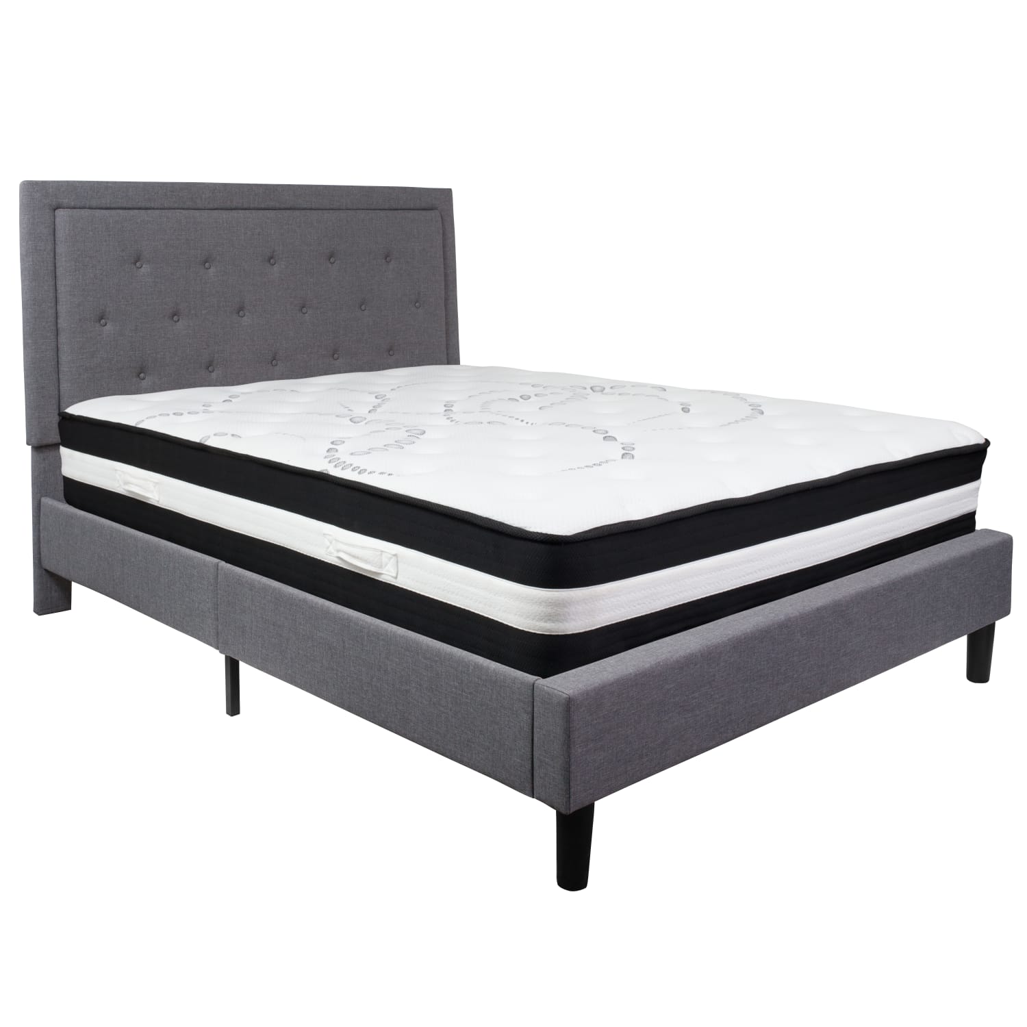 Flash Furniture Roxbury Panel Tufted Upholstered Platform Bed and Pocket Spring Mattress, Queen, 50-3/4inH x 65-3/4inW x 85-3/4inL, Light Gray - Image 3