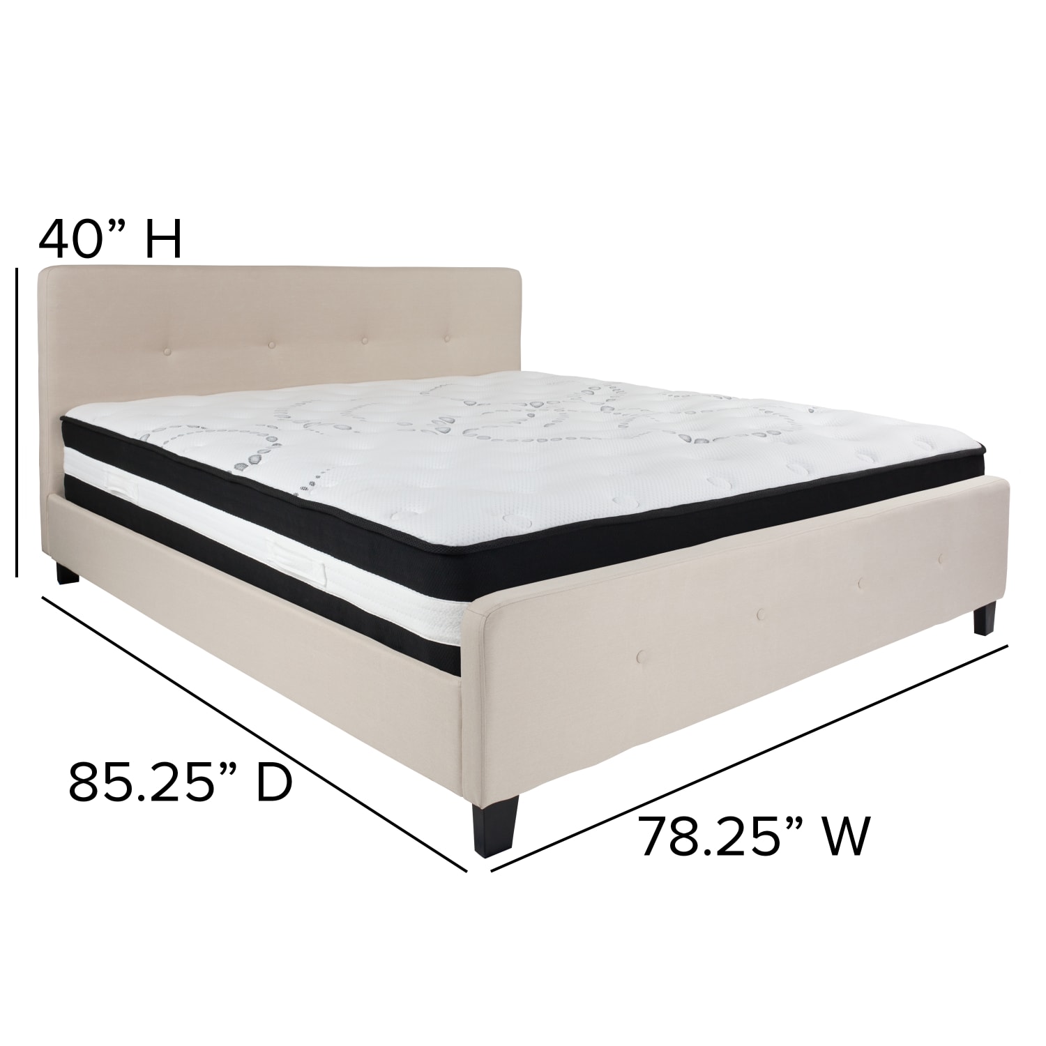 Flash Furniture Tribeca Button Tufted Upholstered Platform Bed with Pocket Spring Mattress, King, 40inH x 78-1/4inW x 85-1/4inL, Beige - Image 5