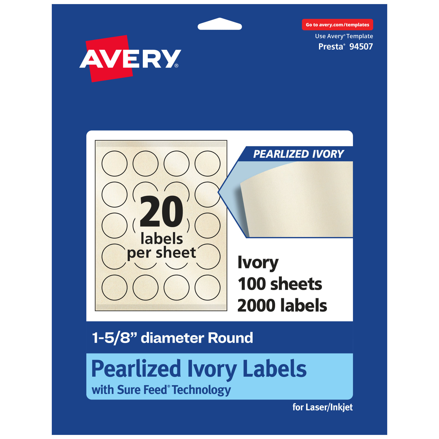 Avery Pearlized Permanent Labels With Sure Feed, 94507-PIP100, Round, 1-5/8in Diameter, Ivory, Pack Of 2,000 Labels