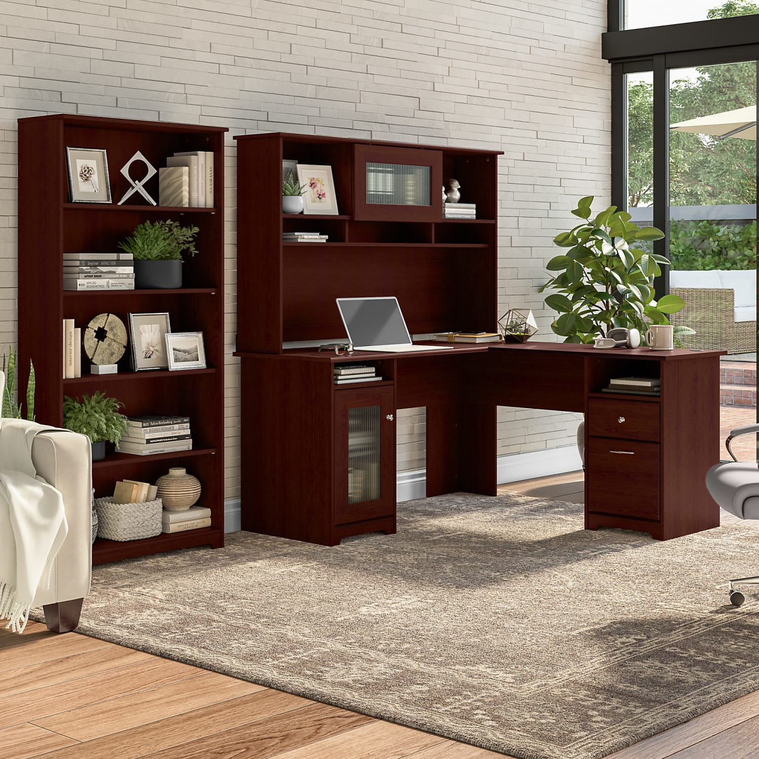Bush Business Furniture Cabot 60inW L-Shaped Corner Desk With Hutch And 5-Shelf Bookcase, Harvest Cherry, Standard Delivery - Image 3
