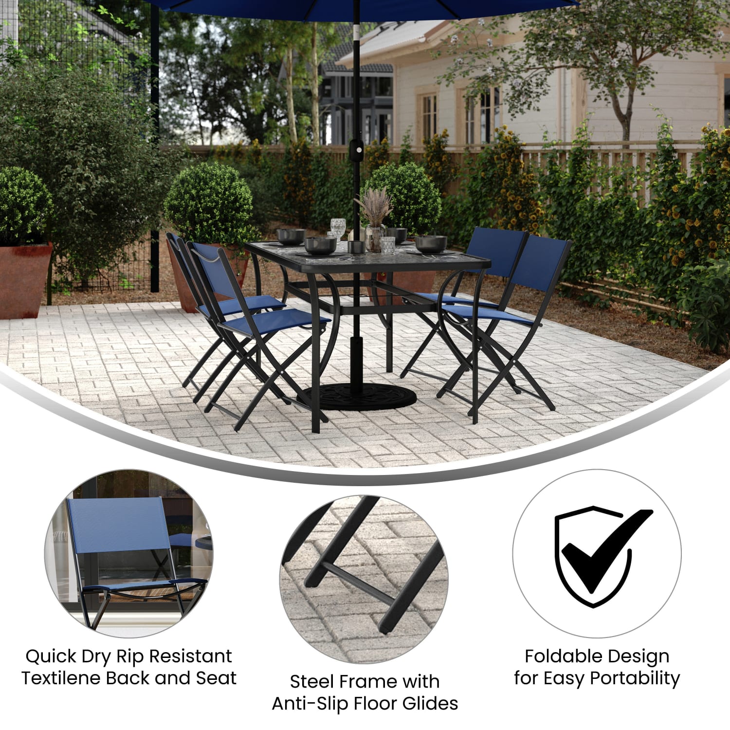 Flash Furniture Brazos Series Outdoor 4pcs Folding Chair with Flex Comfort Material and Metal Frame, Navy - Image 5