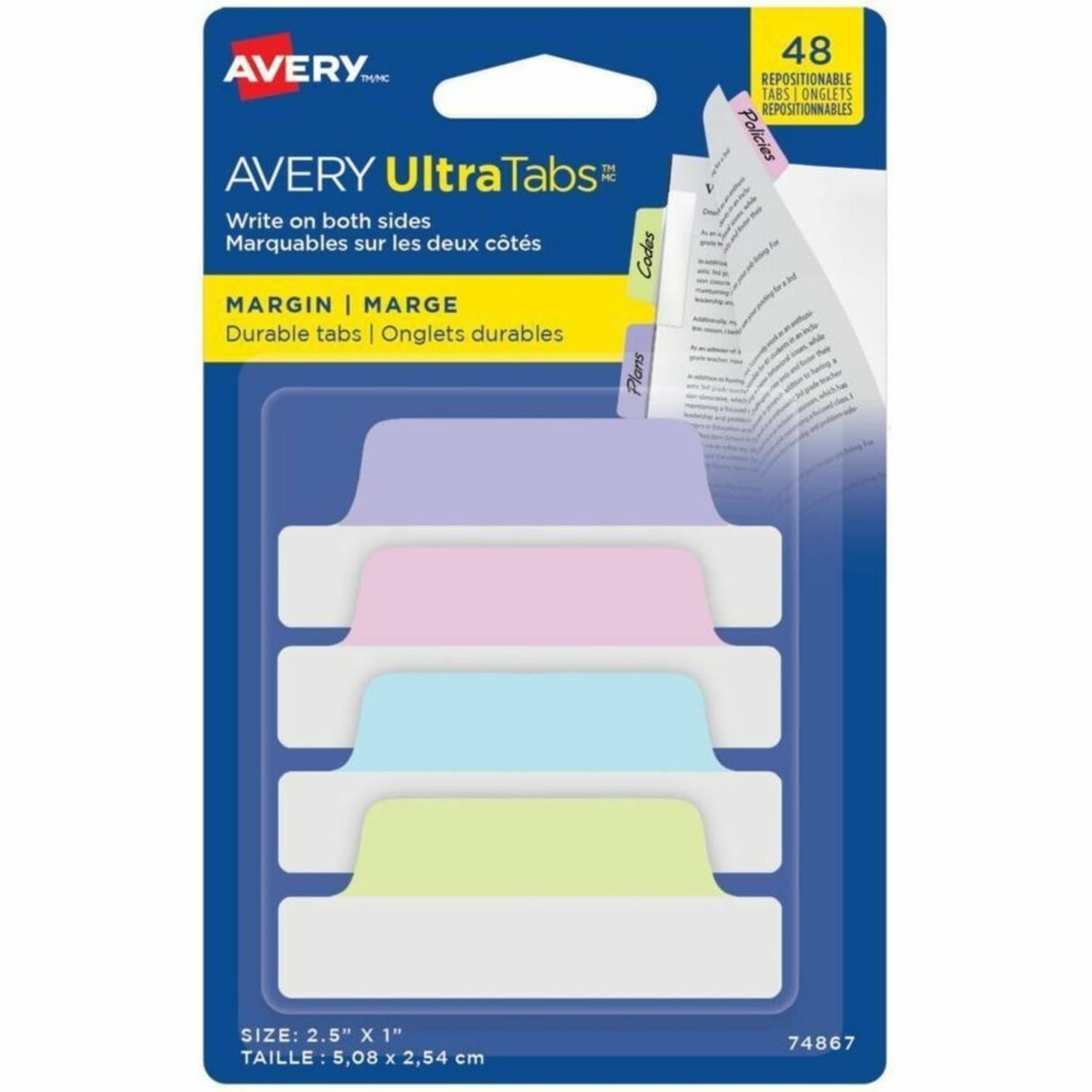 Avery UltraTabs Repositionable Margin Tabs - Write-on Tab(s) - 1in Tab Height x 2.50in Tab Width - Assorted Pastel Tab(s) - 48 / Pack