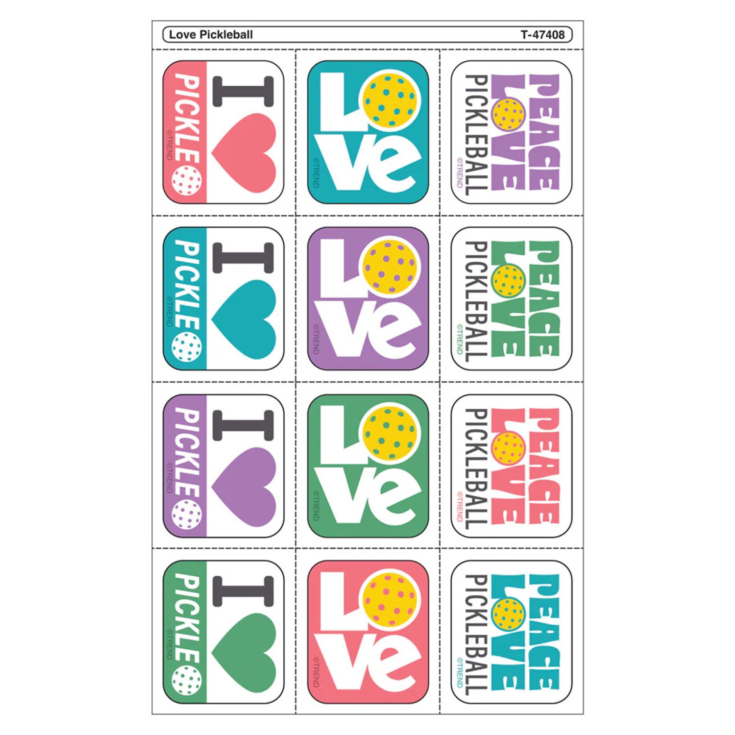 TREND Tear & Share Stickers, Love Pickleball, 60 Per Pack, Set Of 6 Packs - Image 3
