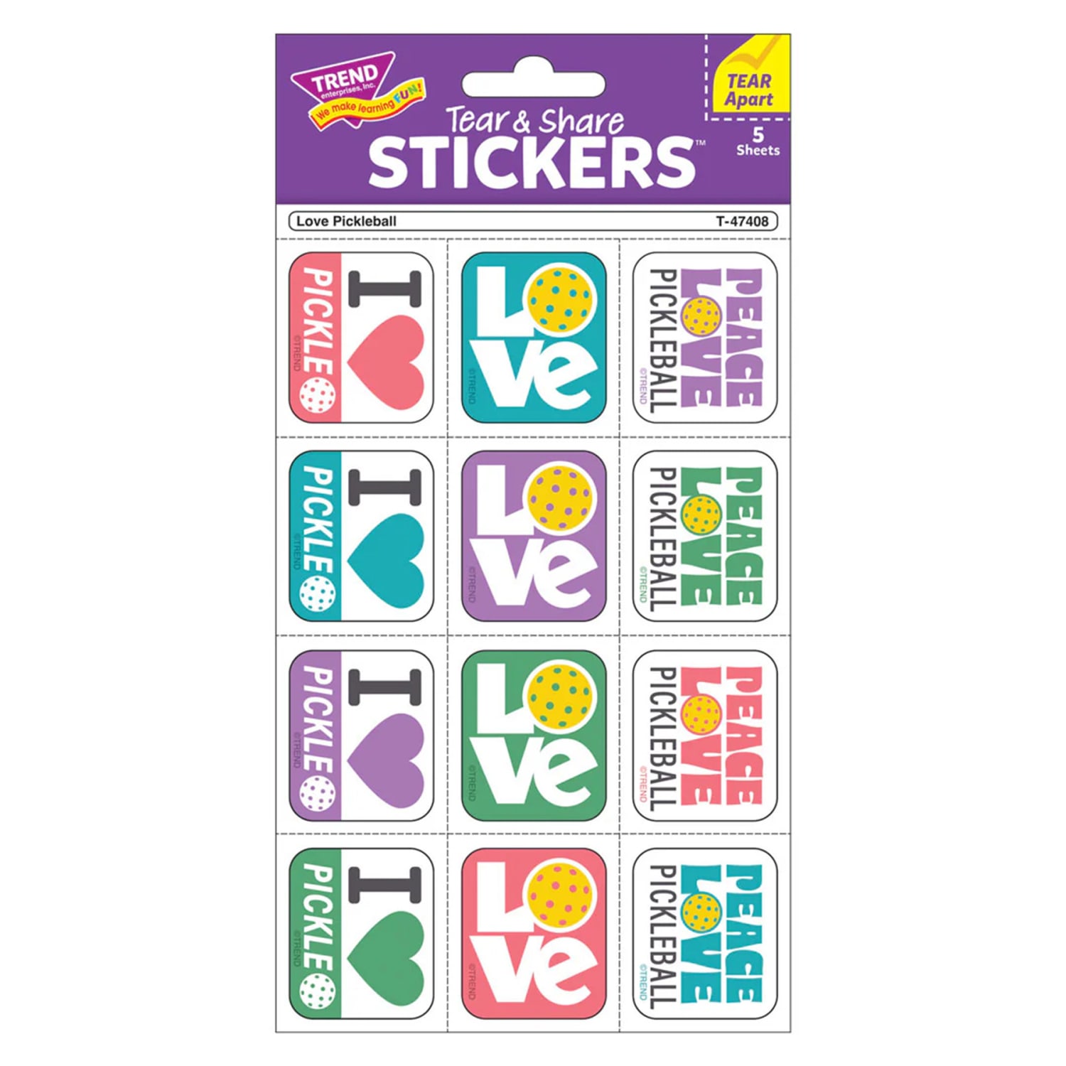 TREND Tear & Share Stickers, Love Pickleball, 60 Per Pack, Set Of 6 Packs - Image 4
