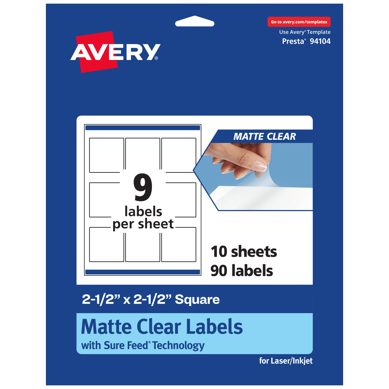 Avery Permanent Labels With Sure Feed, 94104-CMF10, Square, 2-1/2in x 2-1/2in, Matte Clear, Pack Of 90