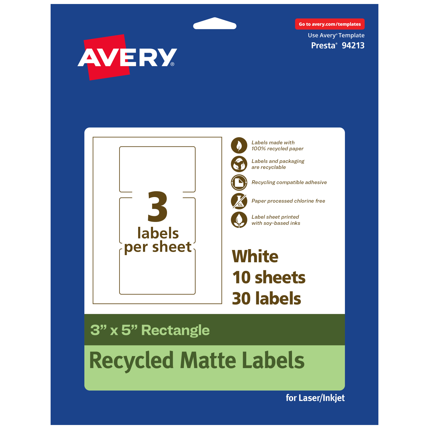 Avery Recycled Paper Labels, 94213-EWMP10, Rectangle, 3in x 5in, White, Pack Of 30