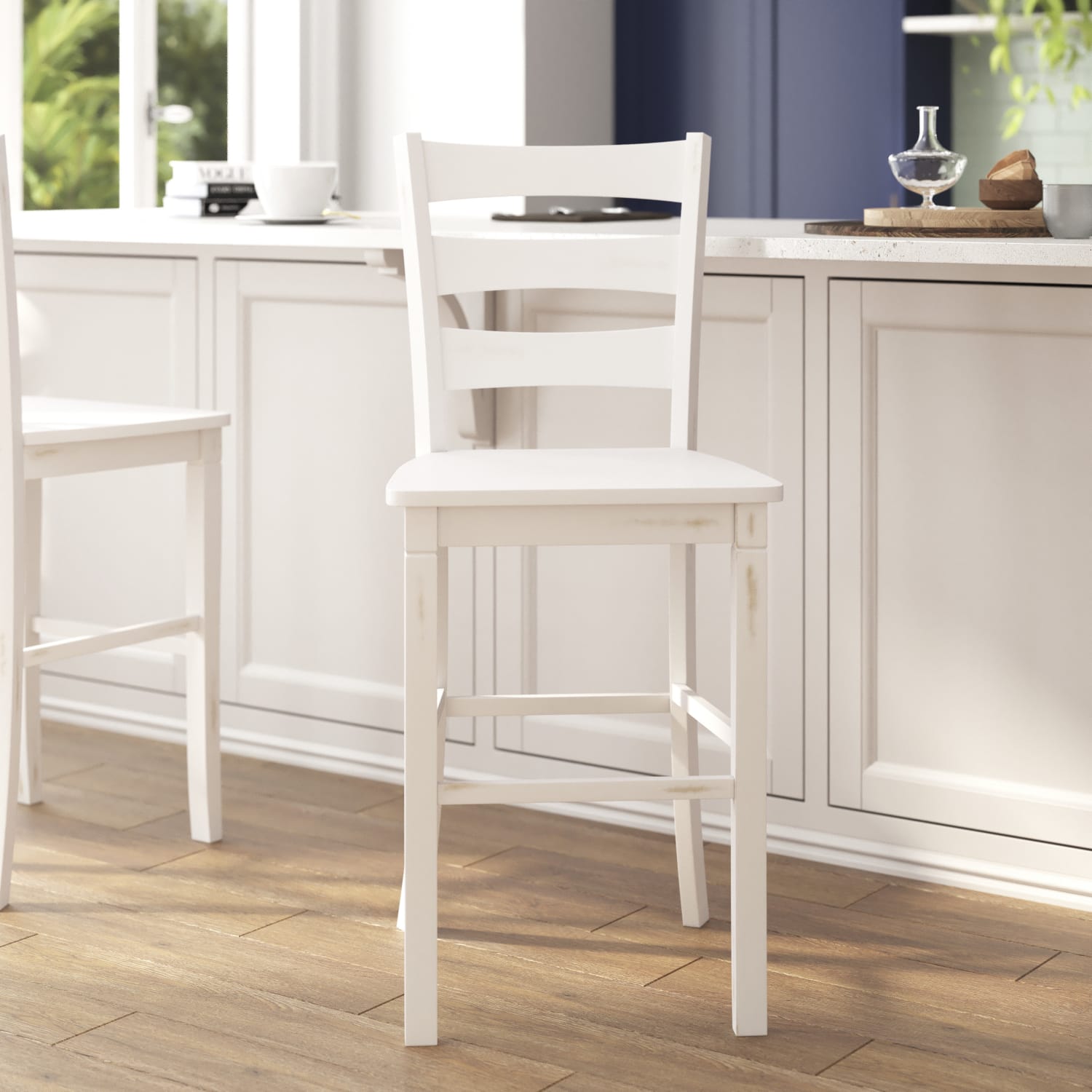 Flash Furniture Liesel Set of 2 Commercial Grade Wooden Classic Ladderback Bar Height Barstool with Solid Wood Seat, White Wash - Image 3