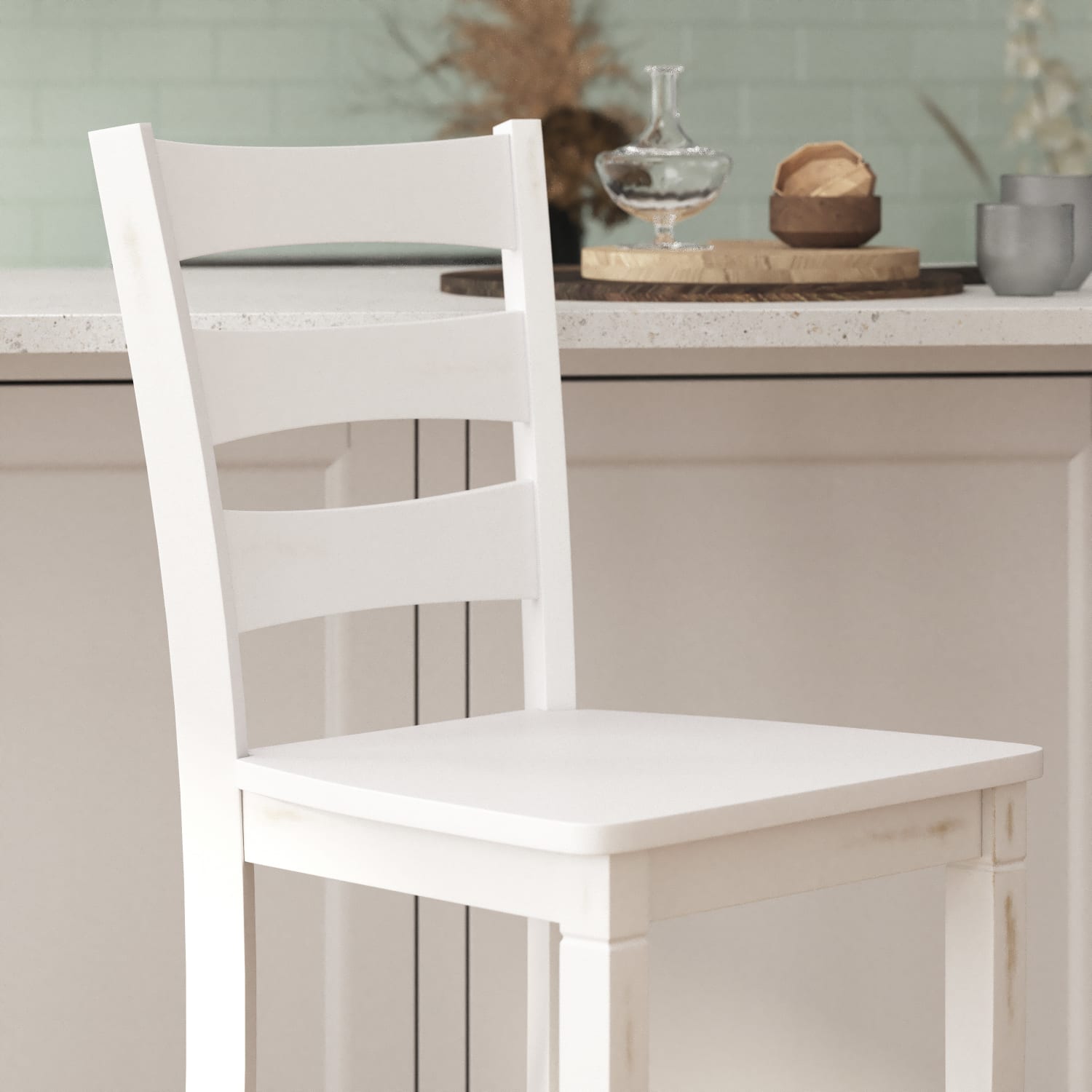 Flash Furniture Liesel Set of 2 Commercial Grade Wooden Classic Ladderback Bar Height Barstool with Solid Wood Seat, White Wash - Image 6