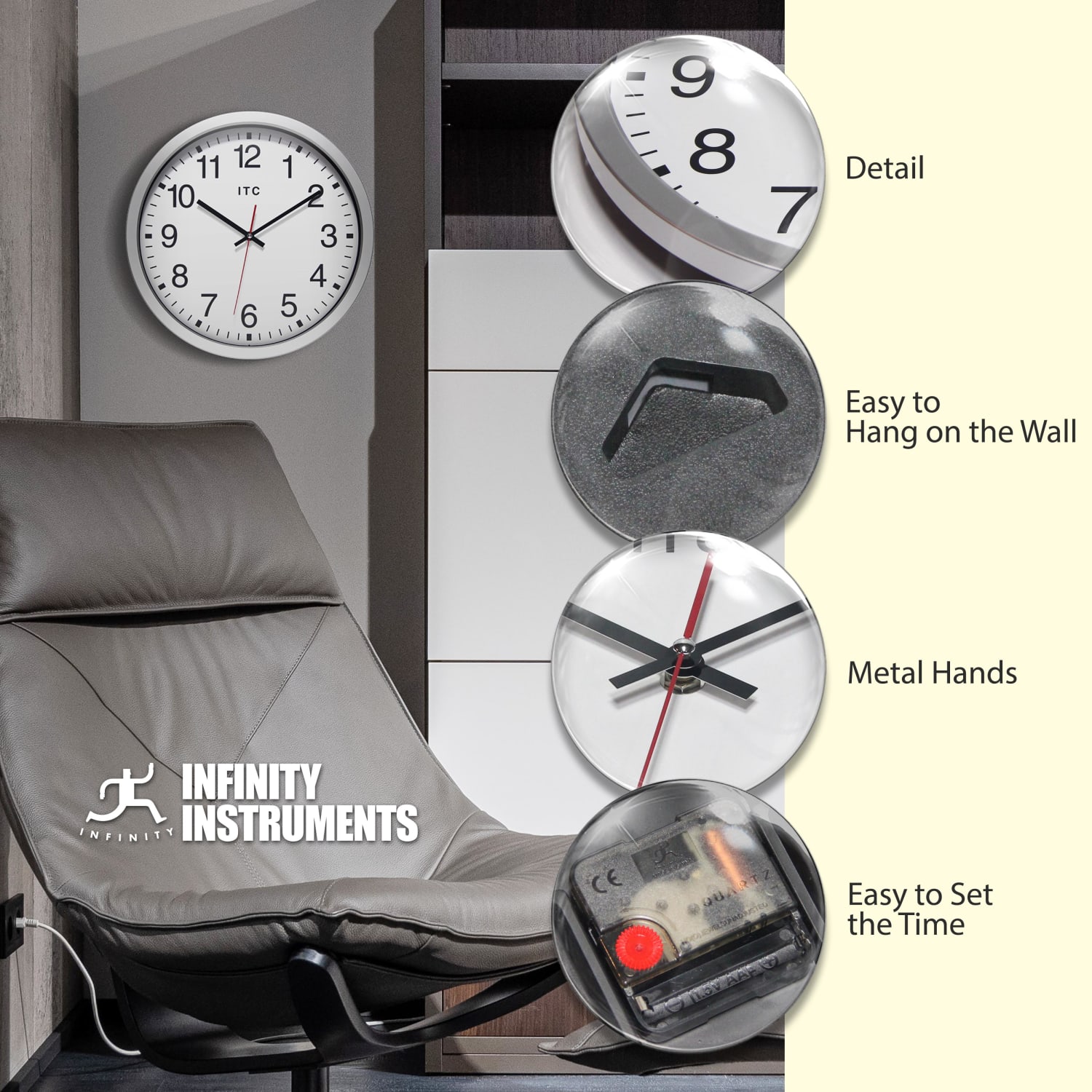Infinity Instruments Obsidian Wall Clock, 14in, Silver - Image 5