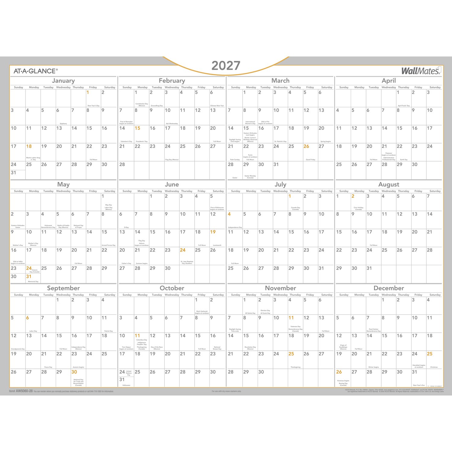 AT-A-GLANCE 2027 WallMates Self-Adhesive Dry-Erase Yearly Calendar, Large, 24in x 18in - Image 6