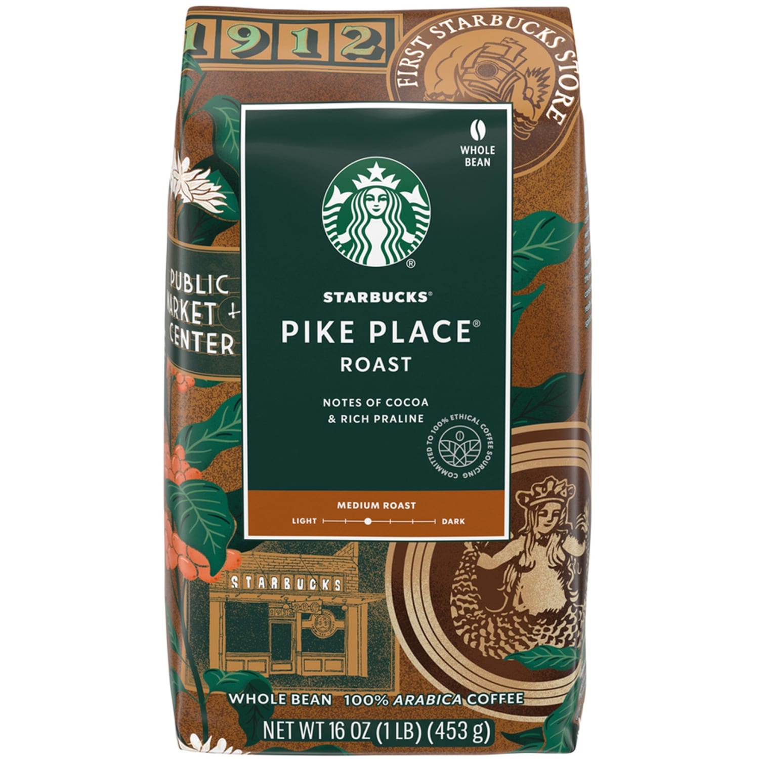 Starbucks Whole Bean Coffee, Light Roast, Pike Place, 16 oz (1 lb) Bag, 1 Each