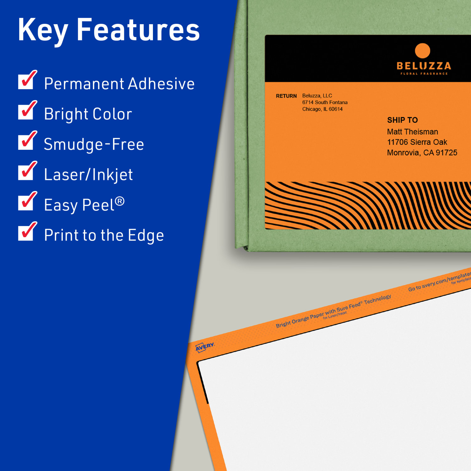 Avery Print-To-The-Edge Labels With Sure Feed Technology And Easy Peel, 94255-BOP40, Rectangle, 4-3/4in x 7-3/4in, Matte Bright Orange, Pack of 80 - Image 3
