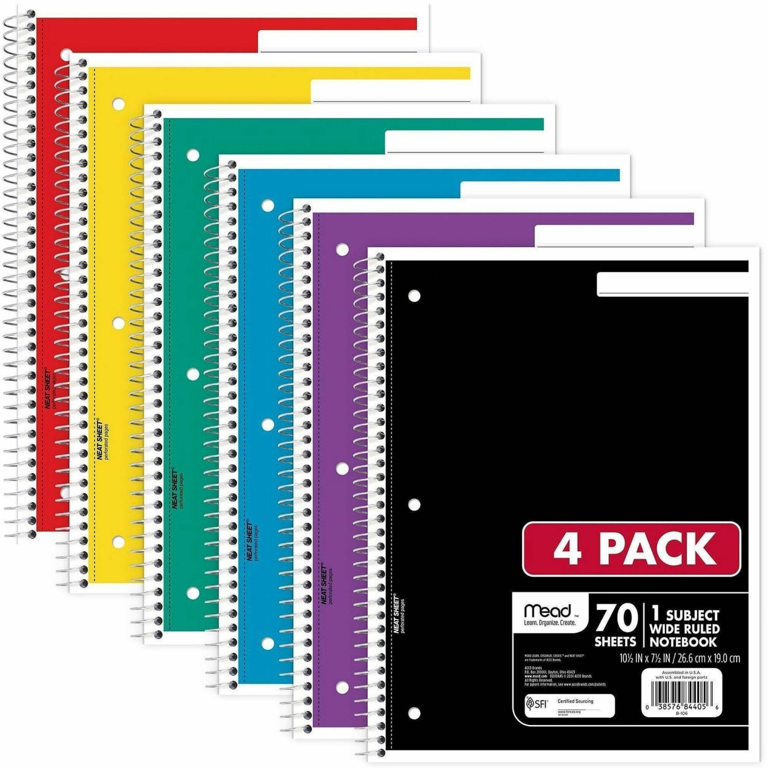 Mead Spiral Notebooks, 1 Subject, Wide Ruled, 70 Sheets, Assorted Colors, Pack Of 4 Notebooks