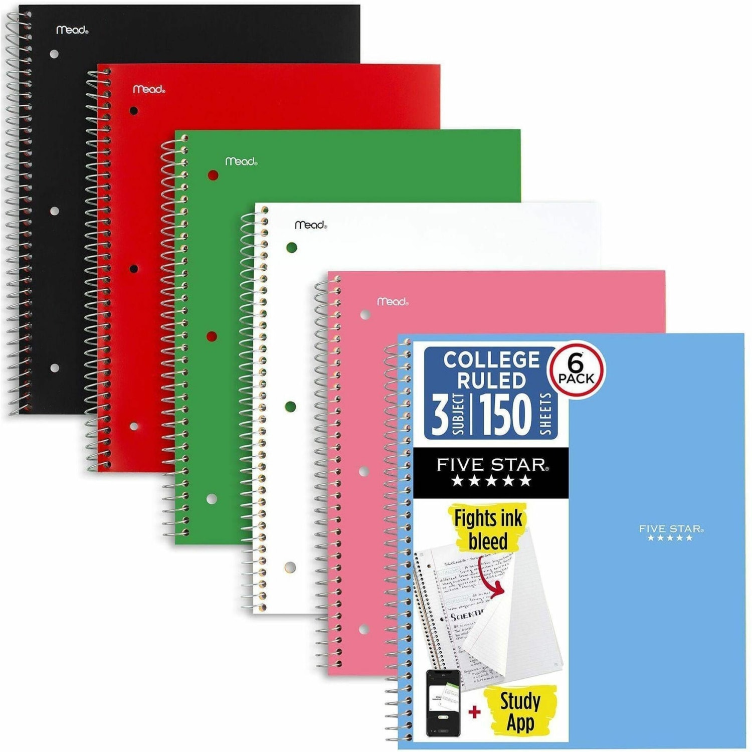 Mead Five Star Spiral Notebooks, 8.5in x 11in, 3 Subject, College Ruled, 150 Sheets, Assorted, Pack Of 6