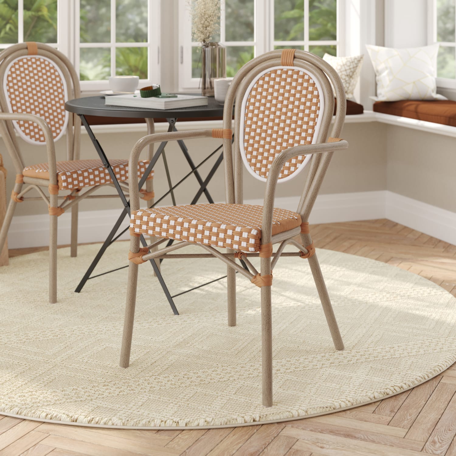 Flash Furniture Lourdes Indoor/Outdoor Commercial Thonet Bistro Stacking Chair with Arms, Natural & White/Light Natural Frame - SDA6422ANWLTN - Image 3