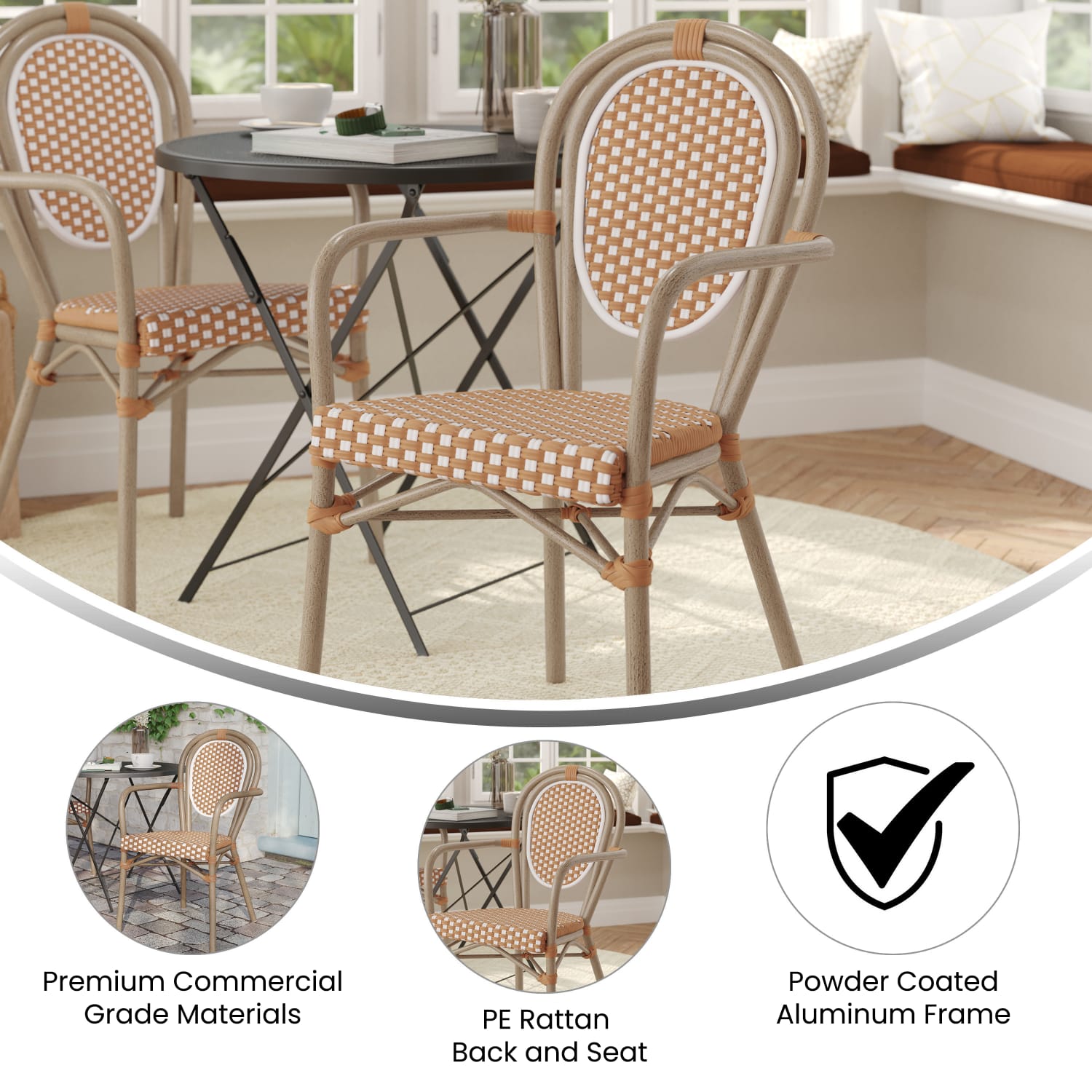 Flash Furniture Lourdes IndoorOutdoor Commercial Thonet Bistro Stacking Chair with Arms Natural  WhiteLight Natural Frame  SDA6422ANWLTN PopularChairscom
