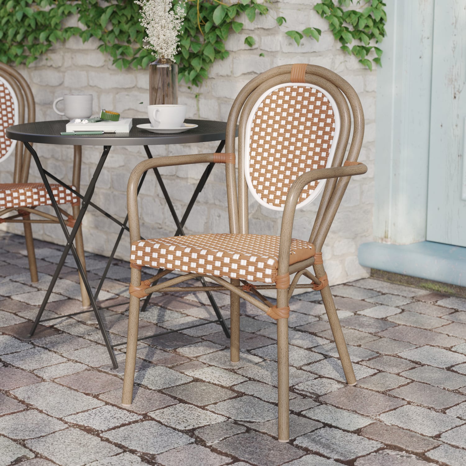 Flash Furniture Lourdes Indoor/Outdoor Commercial Thonet Bistro Stacking Chair with Arms, Natural & White/Light Natural Frame - SDA6422ANWLTN - Image 5