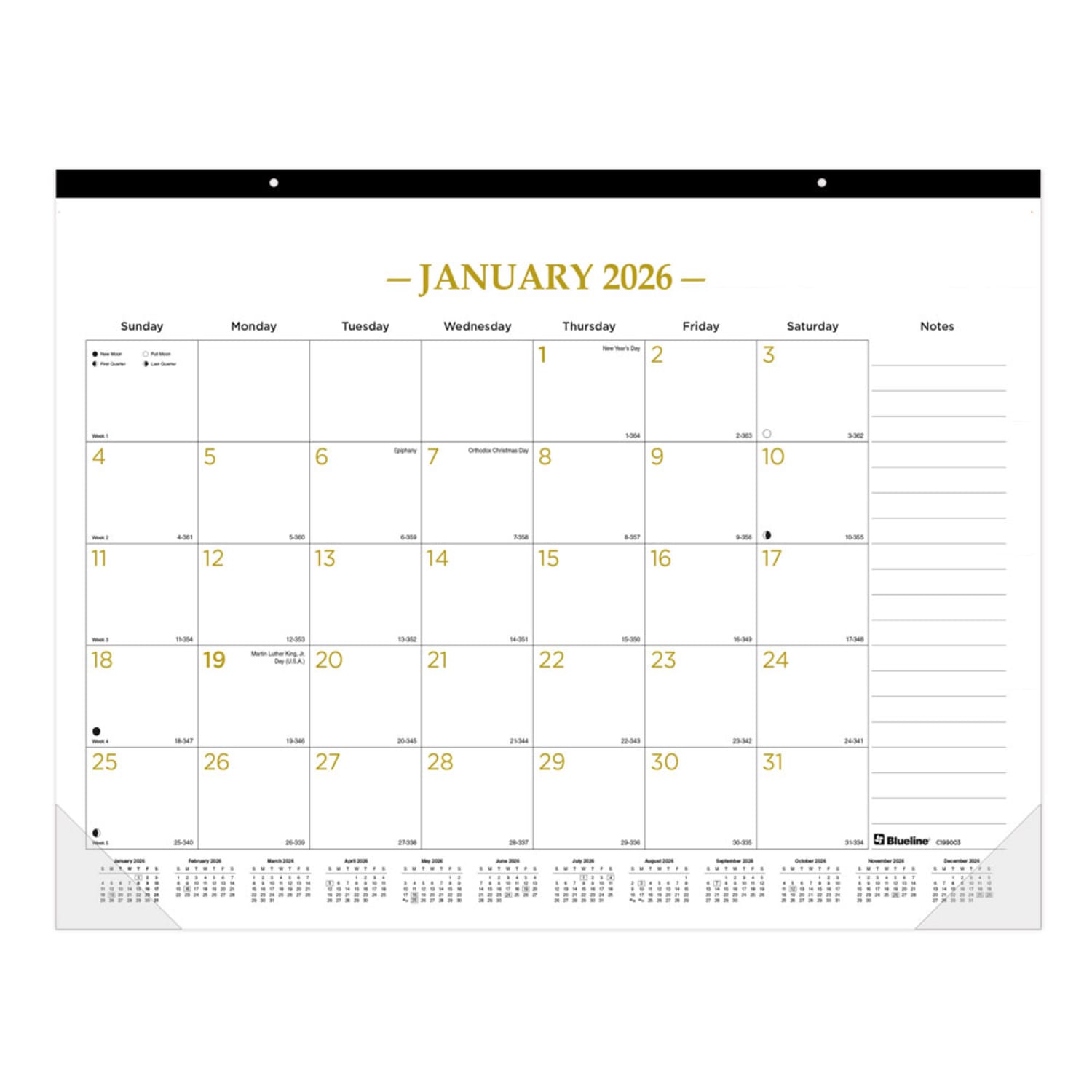 2026 Blueline Classic Gold Monthly Desk Pad Calendar, 22in x 17in, Gold/White, January To December, C199003