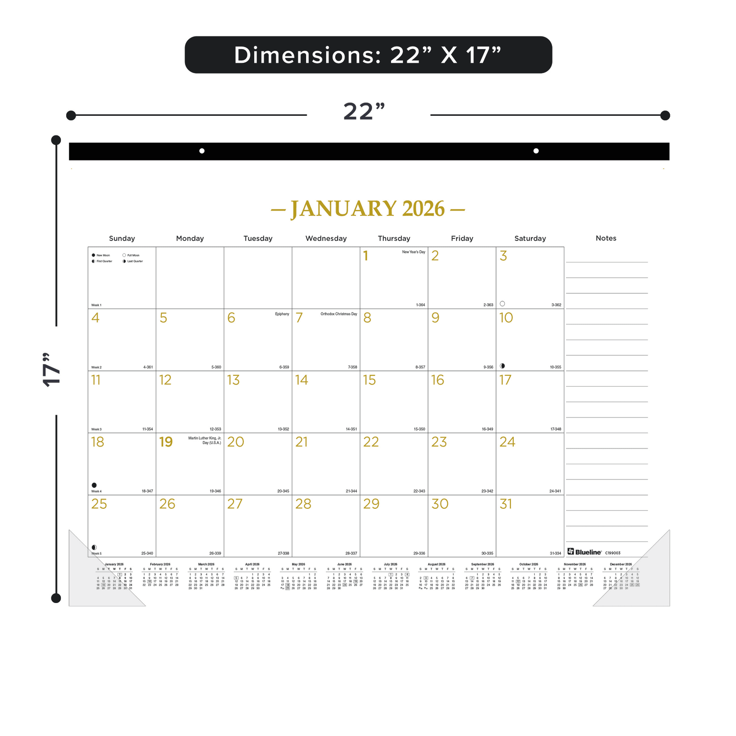 2026 Blueline Classic Gold Monthly Desk Pad Calendar, 22in x 17in, Gold/White, January To December, C199003 - Image 3