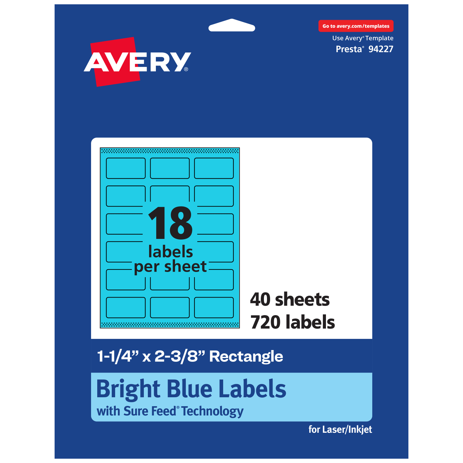 Avery Print-To-The-Edge Labels With Sure Feed Technology And Easy Peel, 94227-BBP40, Rectangle, 1-1/4in x 2-3/8in, Matte Bright Blue, Pack of 720