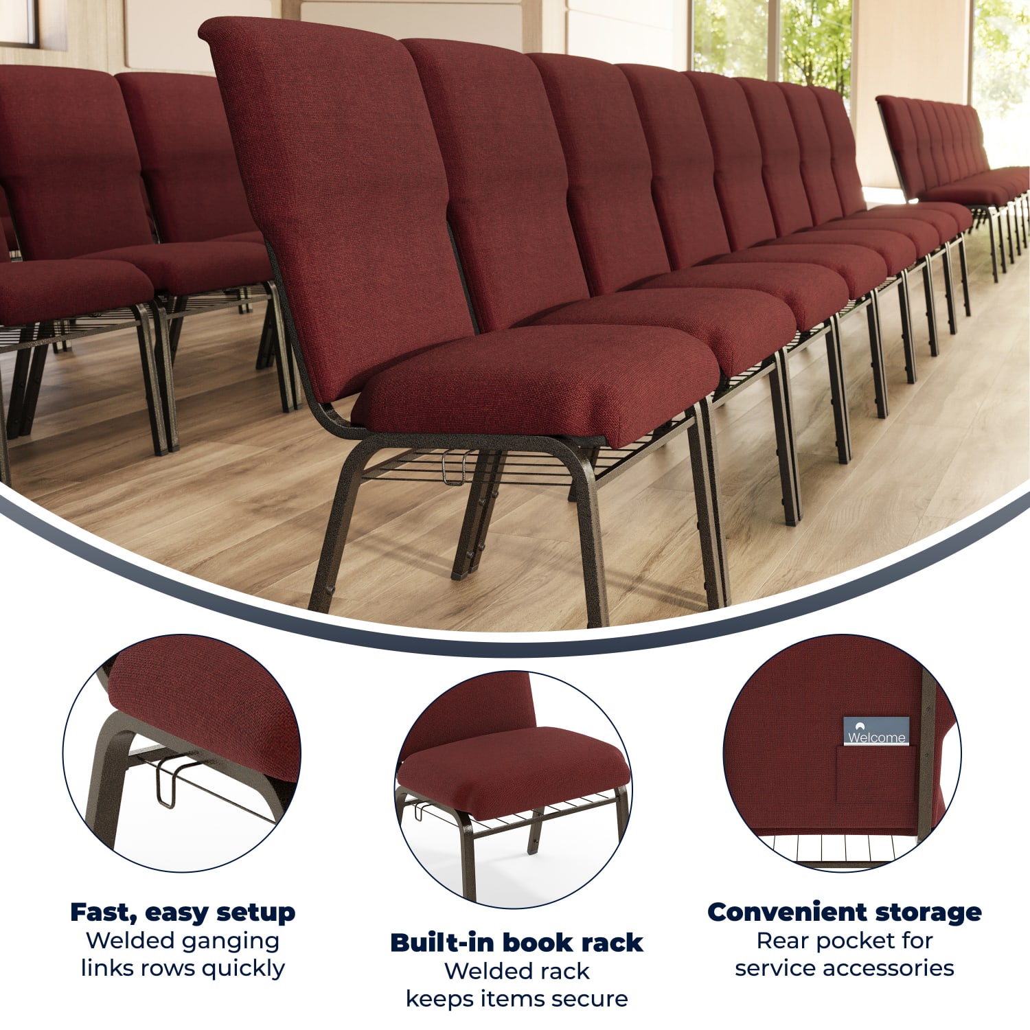 Flash Furniture Advantage Discount Church Chair, Maroon/Gold Vein - Image 4