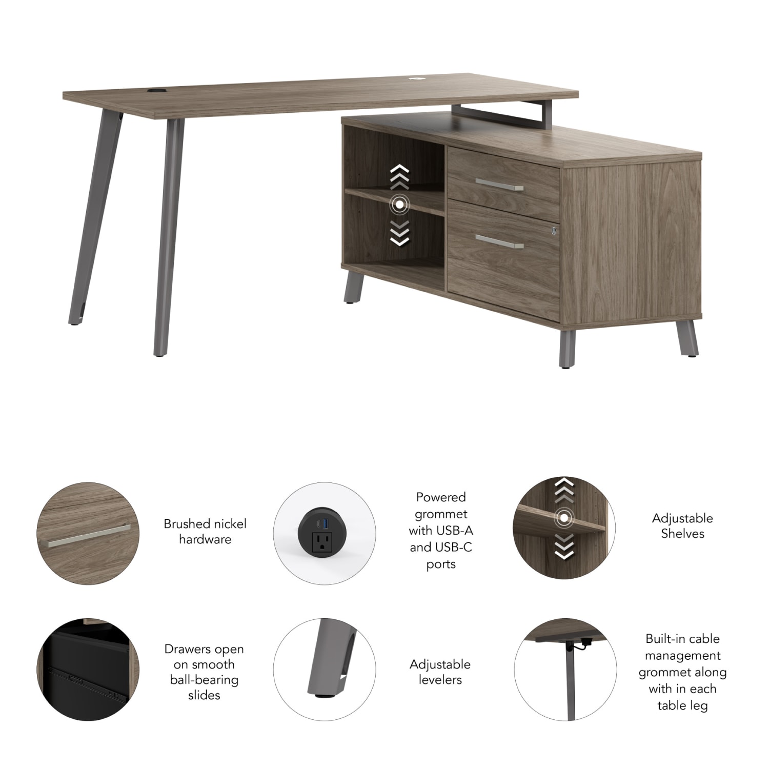 WorkPro Motiva 60inW Modern Corner Desk With Drawers And Shelves, Modern Hickory, Standard Delivery - Image 4