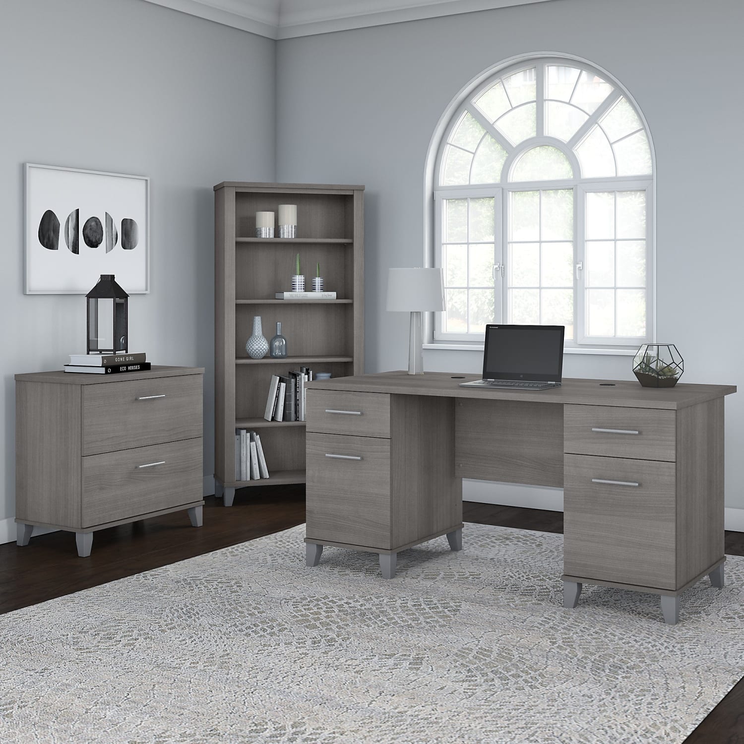Bush Furniture 60inW Office Computer Desk With Lateral File Cabinet And 5-Shelf Bookcase, Platinum Gray, Standard Delivery - Image 3