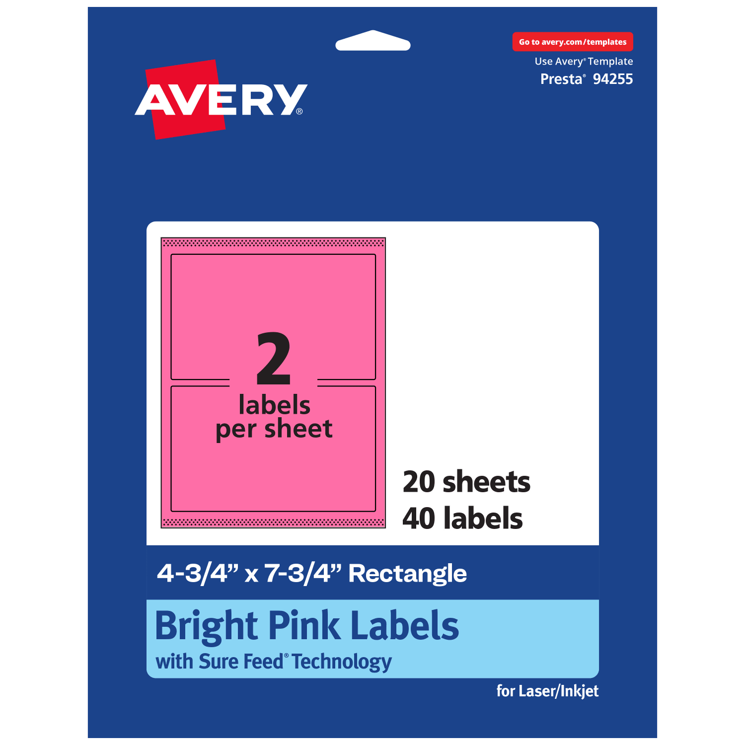 Avery Print-To-The-Edge Labels With Sure Feed Technology And Easy Peel, 94255-BPP20, Rectangle, 4-3/4in x 7-3/4in, Matte Bright Pink, Pack of 40