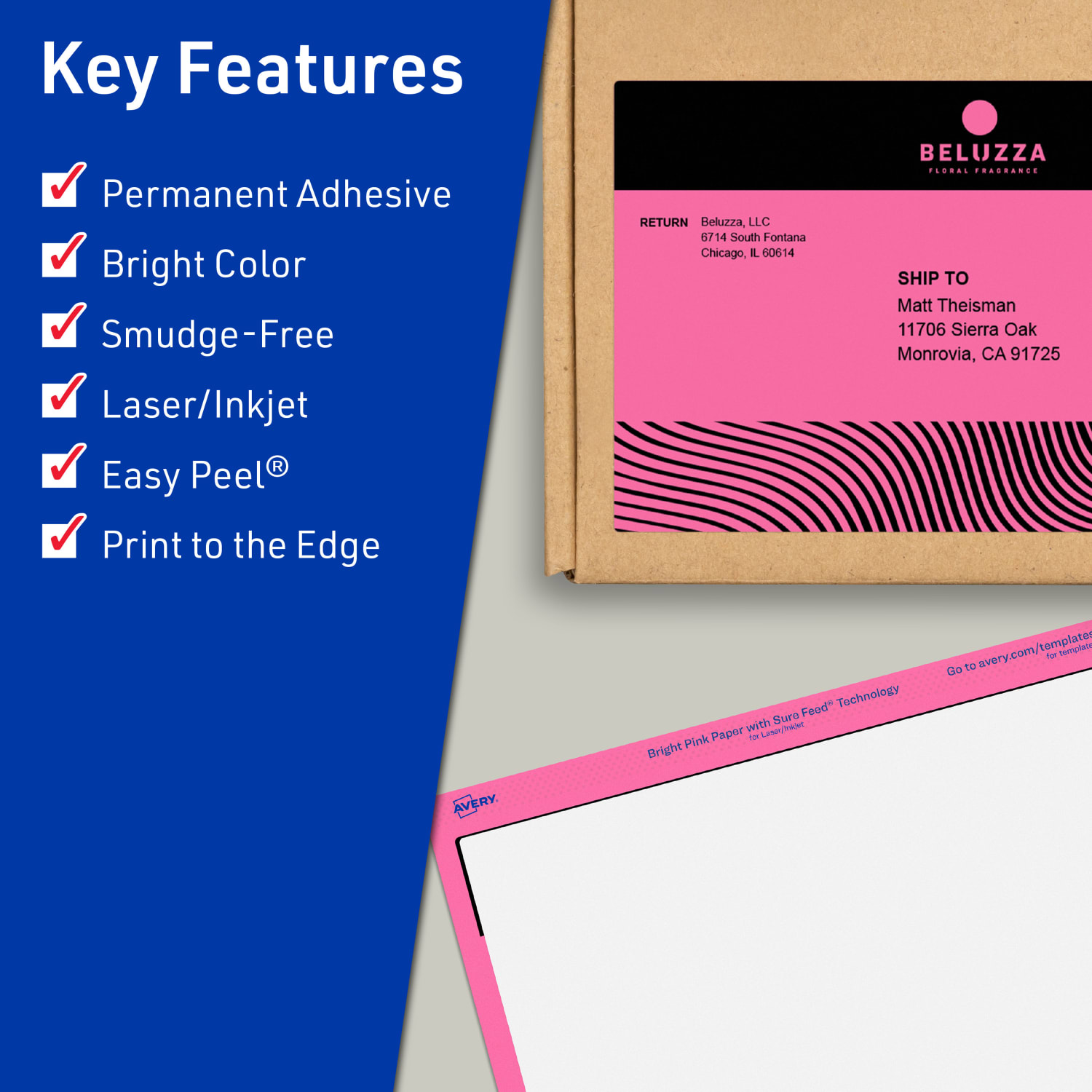 Avery Print-To-The-Edge Labels With Sure Feed Technology And Easy Peel, 94255-BPP20, Rectangle, 4-3/4in x 7-3/4in, Matte Bright Pink, Pack of 40 - Image 3