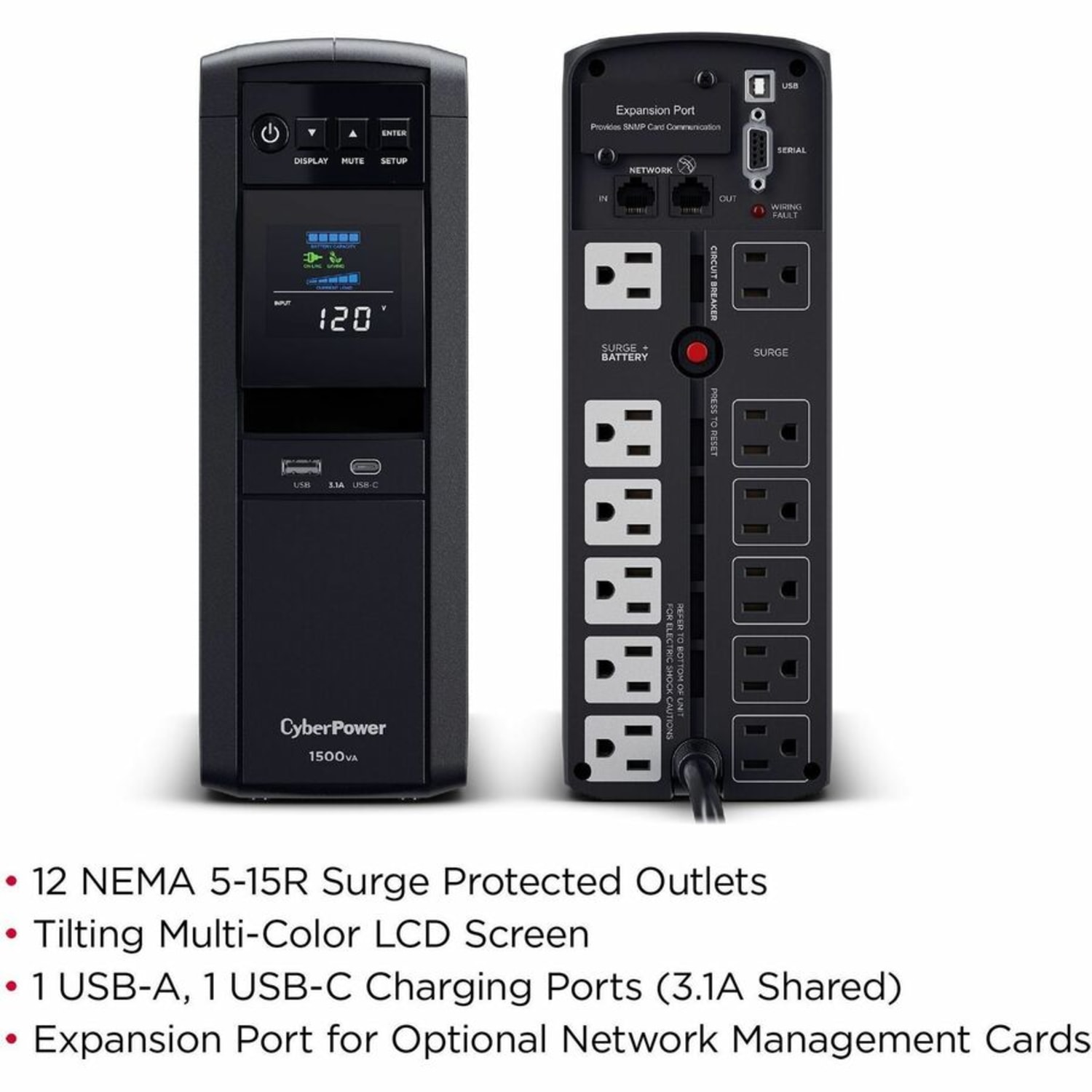 CyberPower CP1500PFCLCDTAA TAA Compliant UPS System - 1500VA/1000W, 120 VAC, NEMA 5-15P, Mini-Tower, Sine Wave, 12 Outlets, LCD, PowerPanel Business, $500000 CEG, 3YR Warranty - Image 4