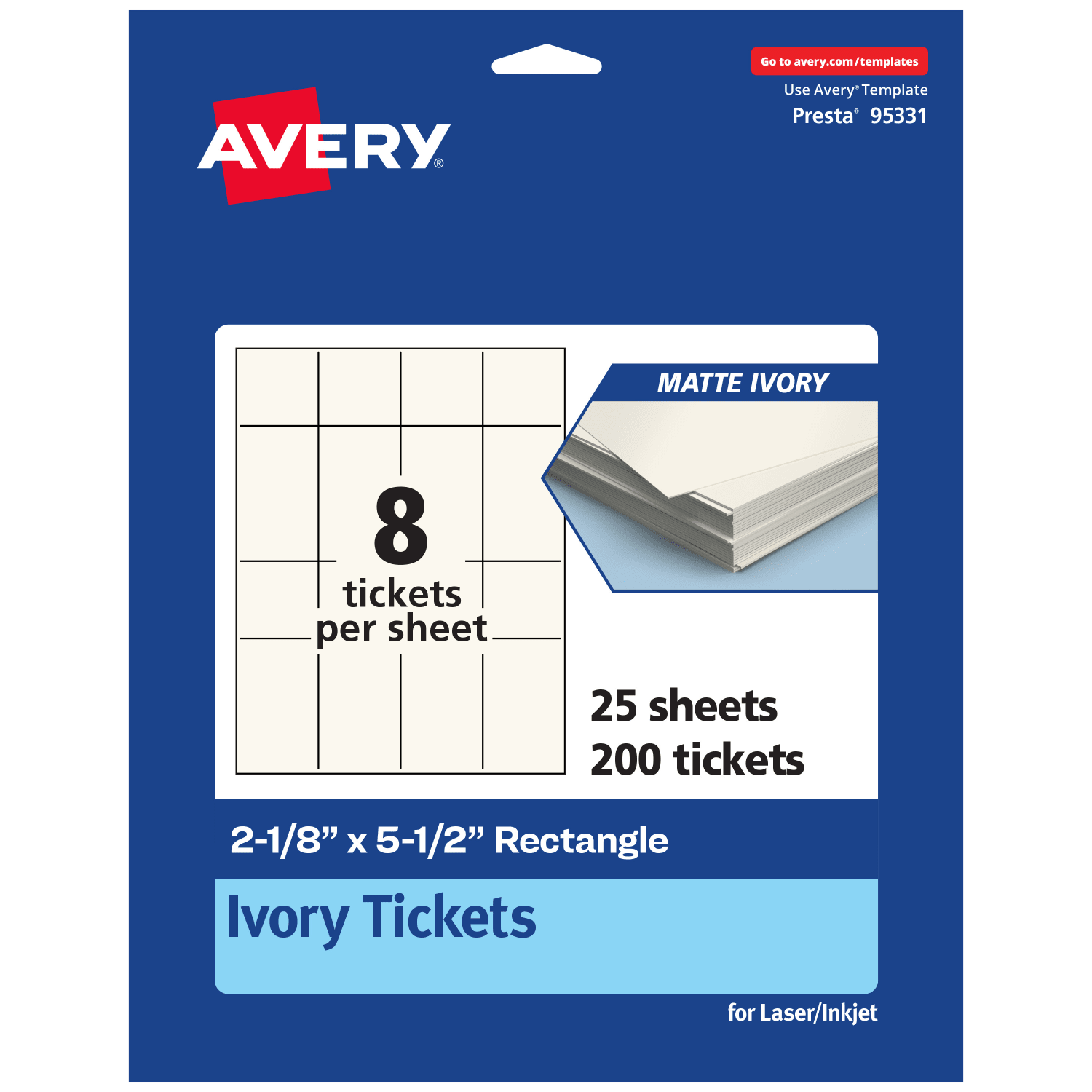 Avery Printable Tickets, 2-1/8inx5.5in, Matte Ivory, Pack Of 200