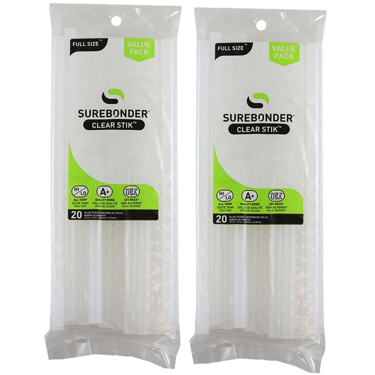 Surebonder Dual Temp Full Size Glue Sticks, Clear, 10in x 7/16in, Clear, Pack Of 20 Sticks, Set Of 2 Packs