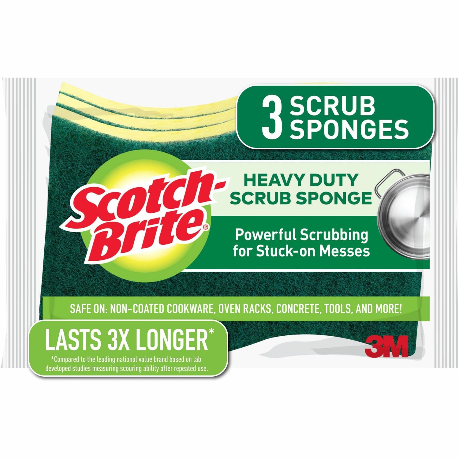 Scotch-Brite Heavy-Duty Scrub Sponges - 2.8in Height x 4.5in Width x 4.5in Length x 590 mil Thickness - 3 Pack - 8 / Carton - Yellow, Green - Image 3