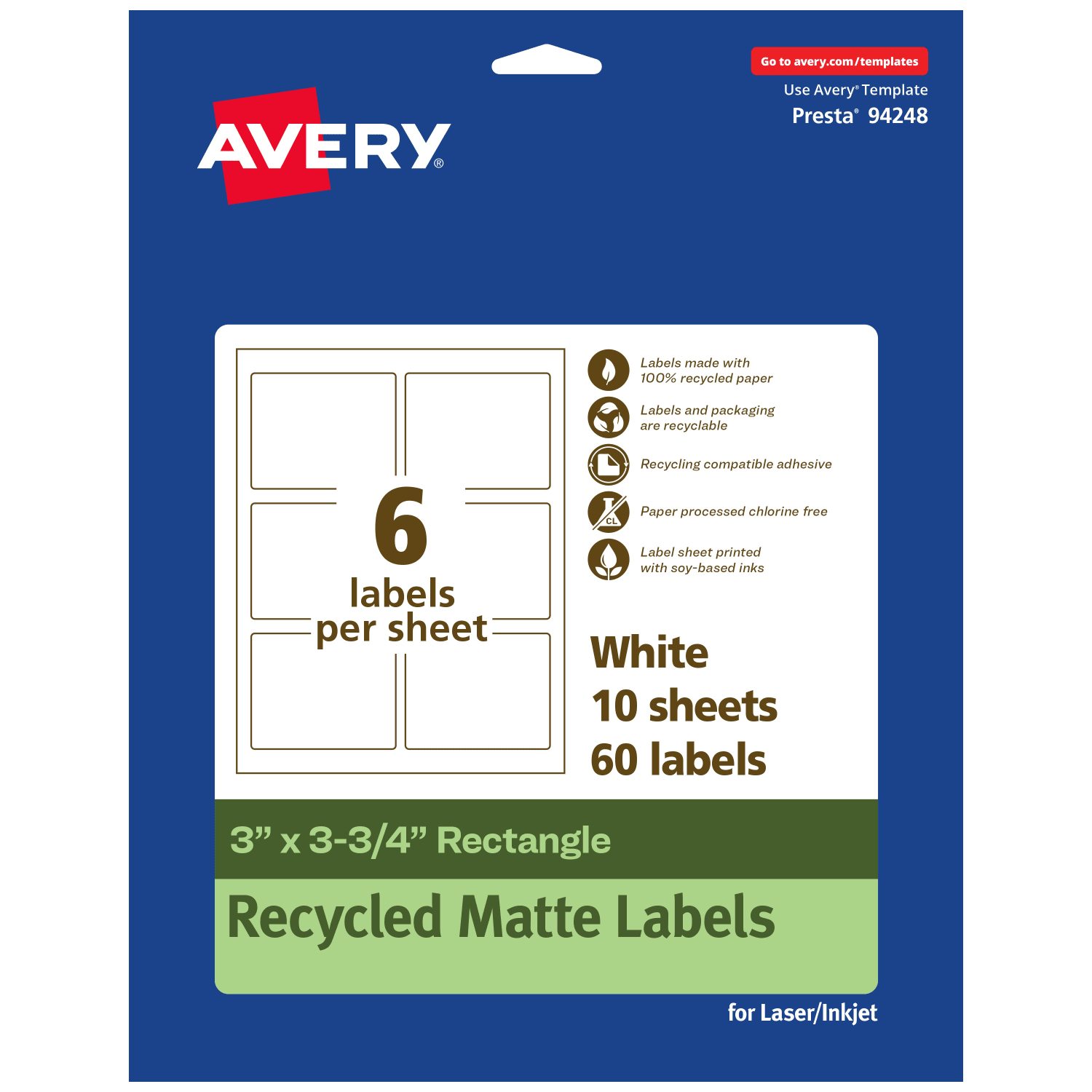 Avery Recycled Paper Labels, 94248-EWMP10, Rectangle, 3in x 3-3/4in, White, Pack Of 60