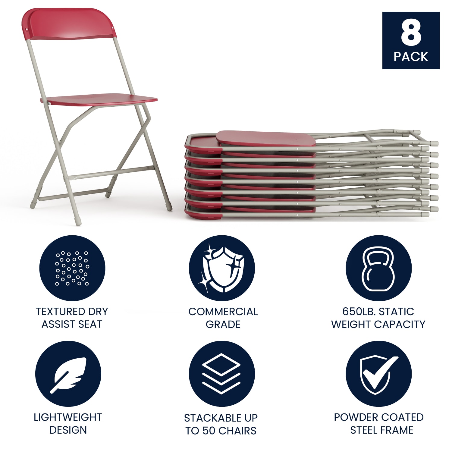 Flash Furniture Hercules Series Plastic Folding Chair - 8 Pack 650LB Weight Capacity, Red - Image 3