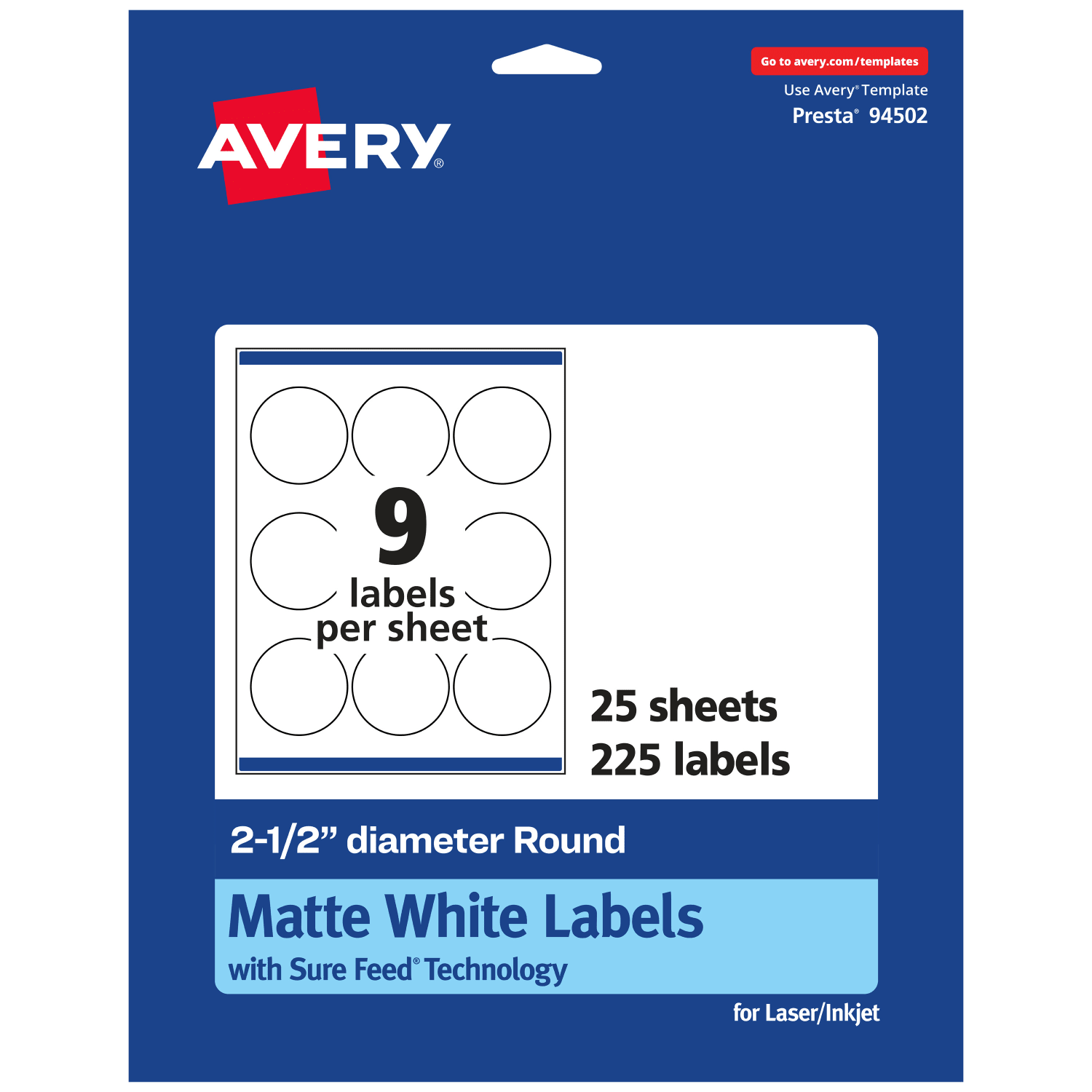 Avery Permanent Labels With Sure Feed, 94502-WMP25, Round, 2-1/2in Diameter, White, Pack Of 225