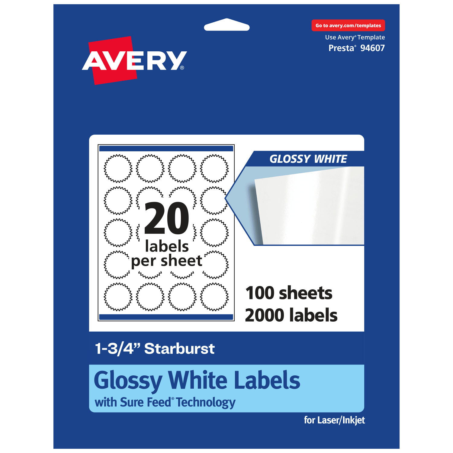 Avery Glossy Permanent Labels With Sure Feed, 94607-WGP100, Starburst, 1-3/4in, White, Pack Of 2,000