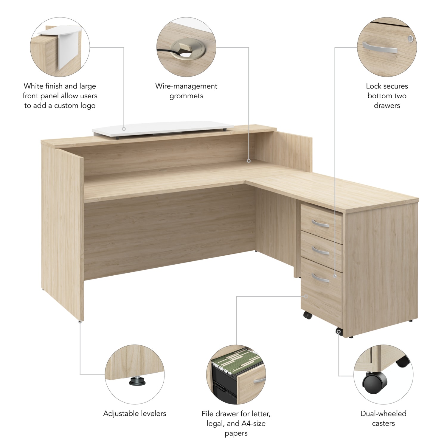 Bush Business Furniture Arrive 72inW L Shaped Reception Desk with Counter and Mobile File Cabinet, Natural Elm, Standard Delivery - Image 6