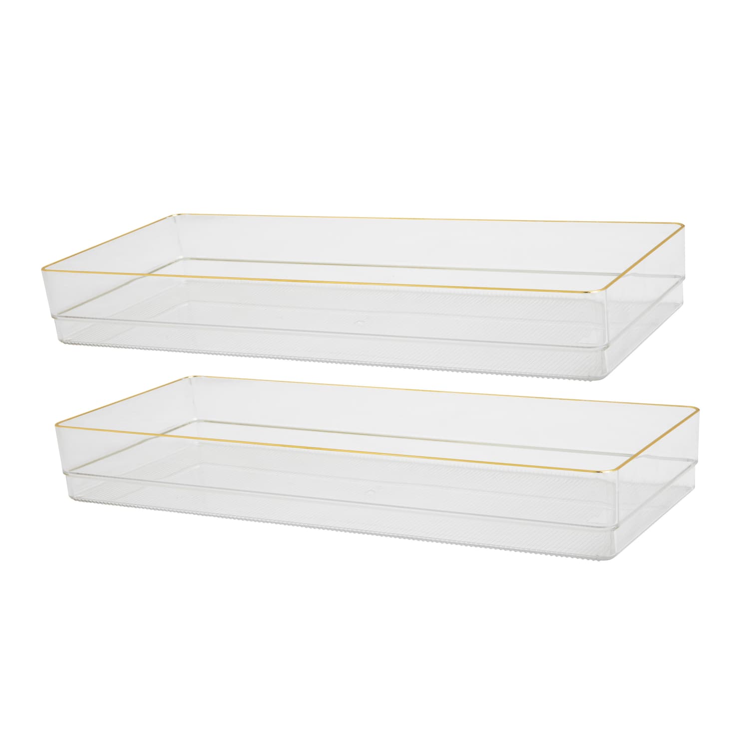 Martha Stewart Kerry Plastic Stackable Office Desk Drawer Organizers, 2inH x 6inW x 15inD, Clear/Gold Trim, Pack Of 2 Organizers