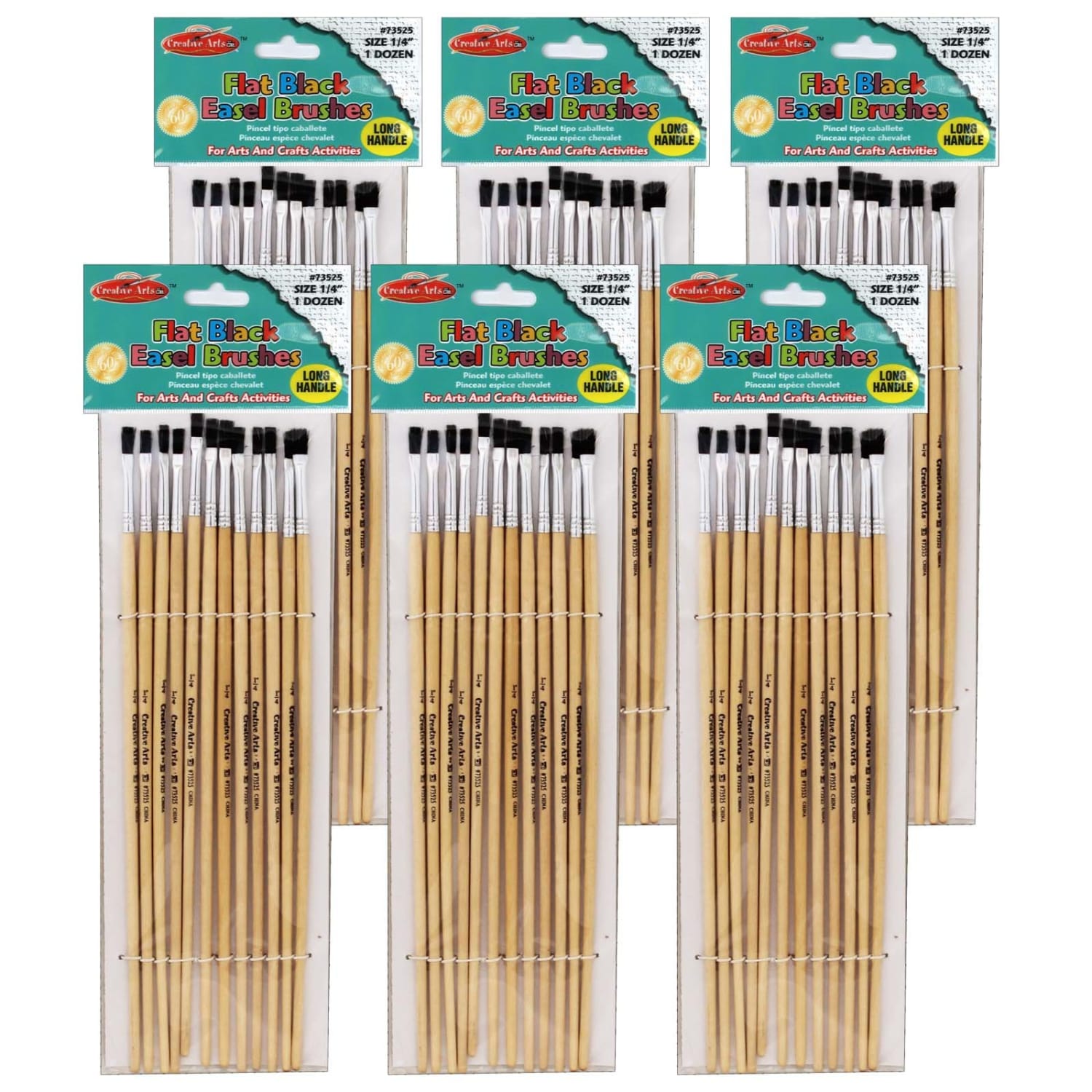 Charles Leonard Flat Tip Easel Paint Brushes, 1/4inW, Natural, Set Of 12 Brushes, Pack Of 6 Sets